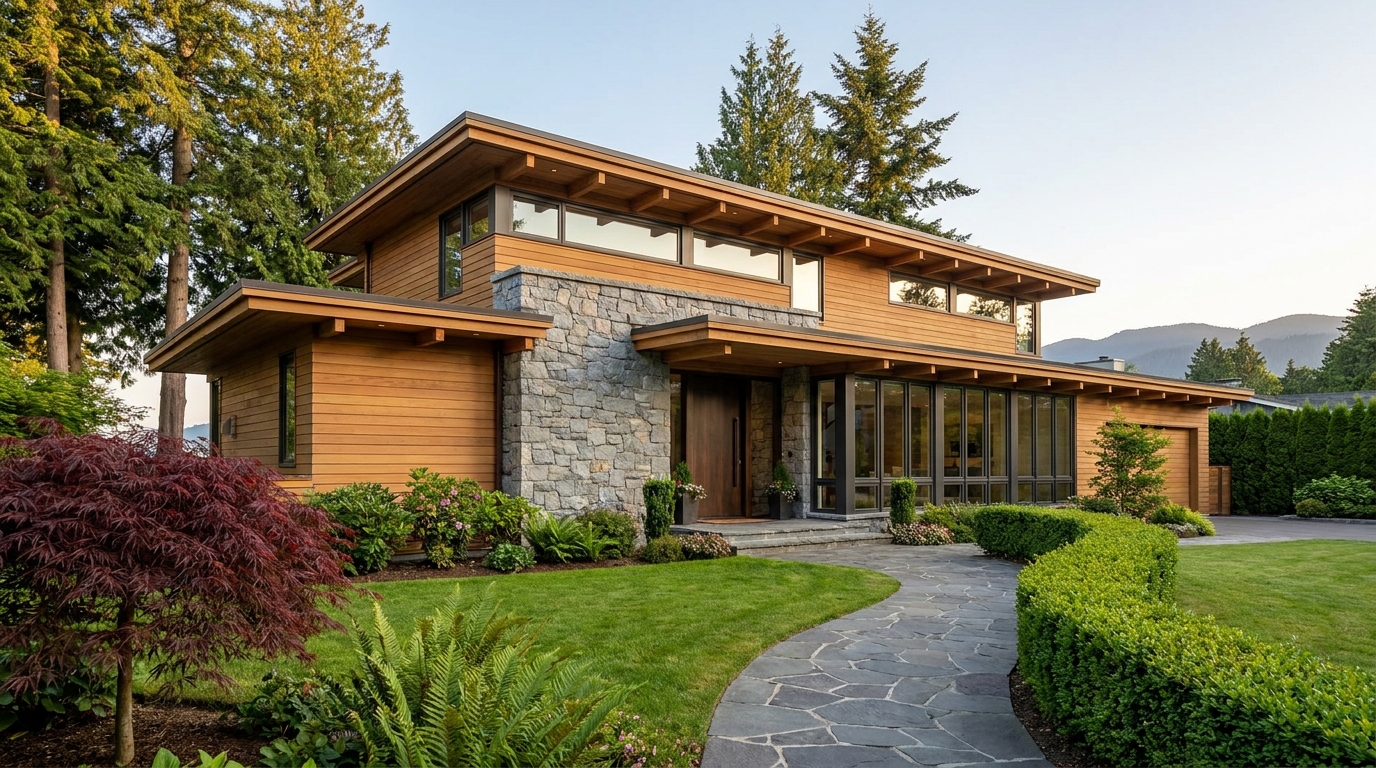 West Coast Modernist West Vancouver home in daylight, before landscape lighting