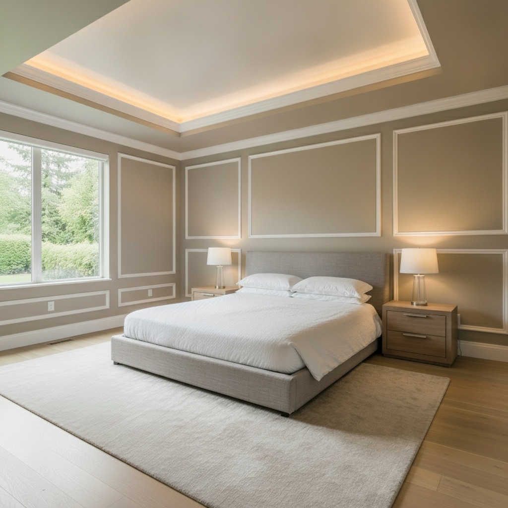 The same bedroom with white crown moulding, panel-moulding walls, and a warm cove-lit tray ceiling