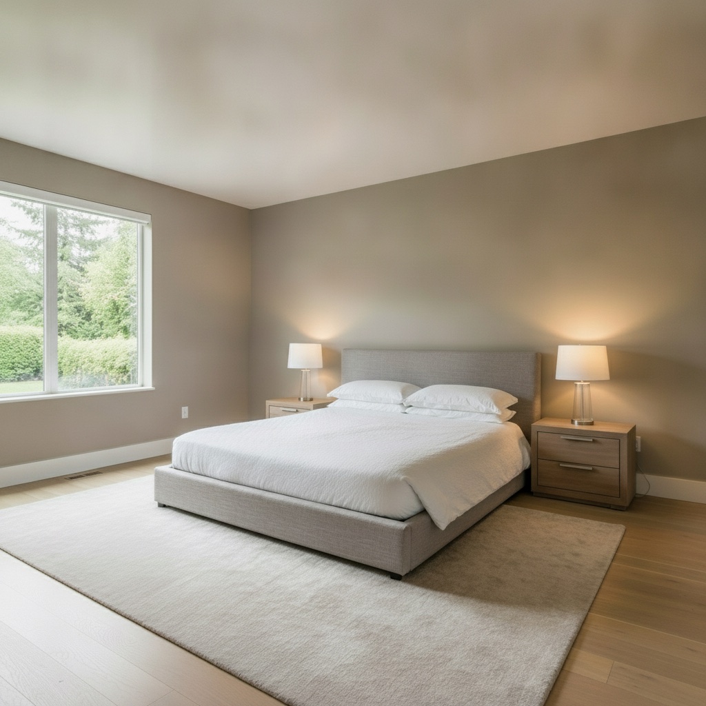 An upscale bedroom with a plain flat ceiling and bare walls, before any trim