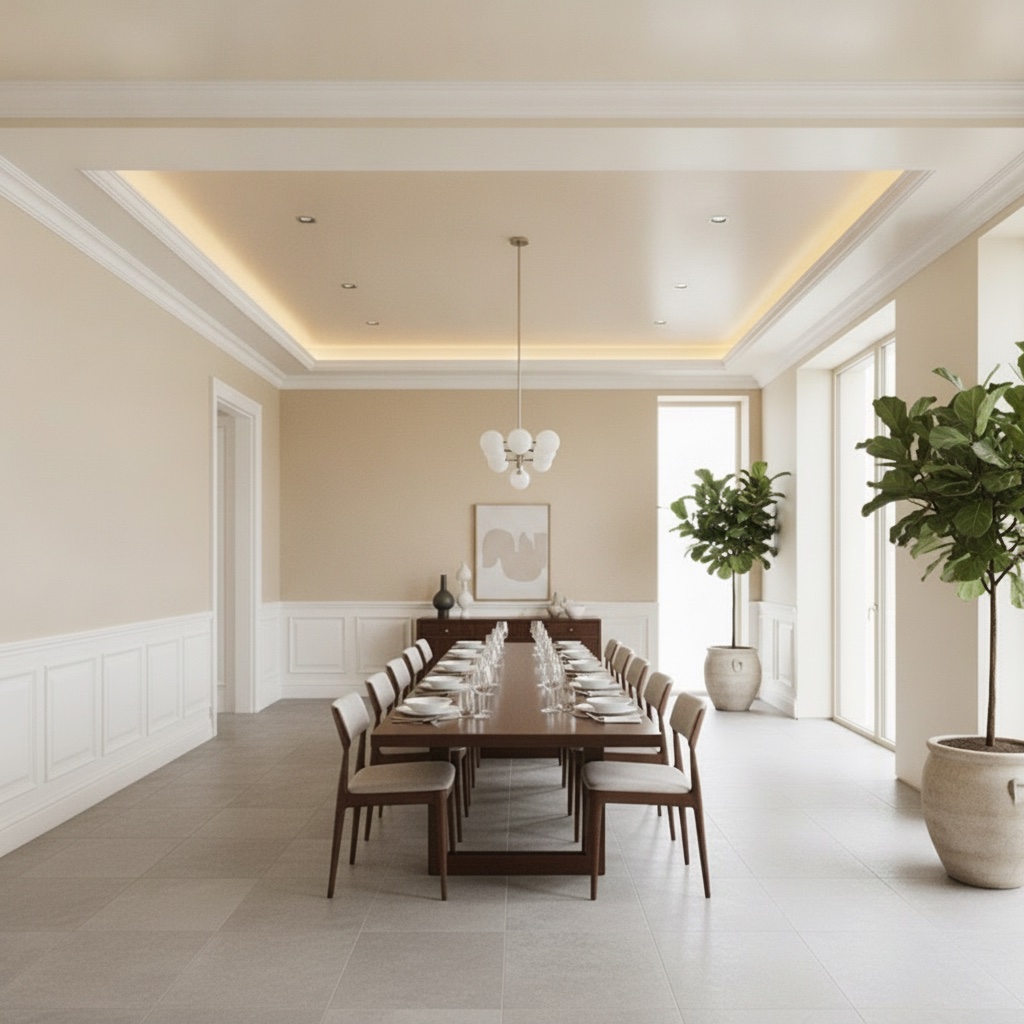 The same dining room with white wainscoting, crown moulding, and a warm cove-lit tray ceiling